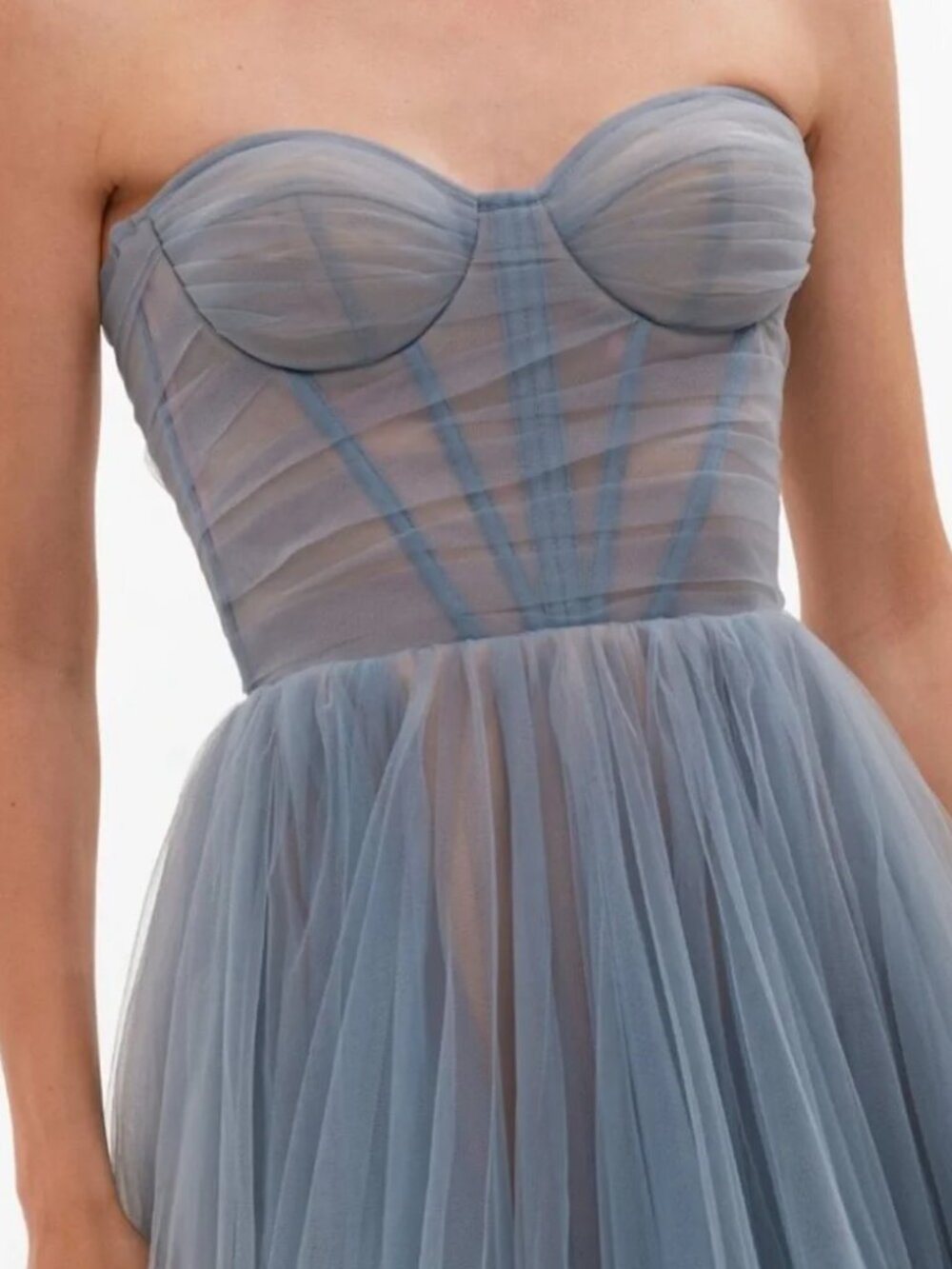 Milla Strapless Blue Tulle Gown (Ocean Wave Sheer Sleeves Maxi Tulle Dress)